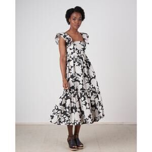 Cara Cara Darby Black White Floral Ruffle Sleeve Tiered Midi Dress Size XS